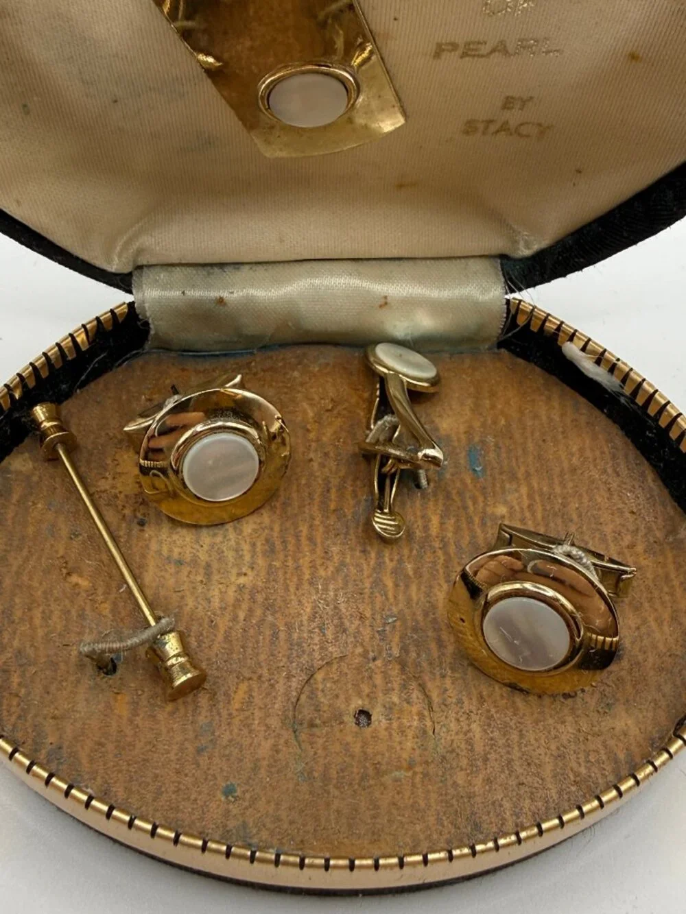 NIB Vintage Genuine Mother of Pearl by Stacy Cuff Link + Clips Set